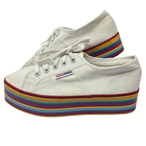 Superga Shoes - Superga Womens White Canvas Sneakers With Rainbow Platform Sole